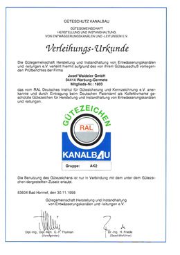 Zertifikat Gütezeichen Kanalbau